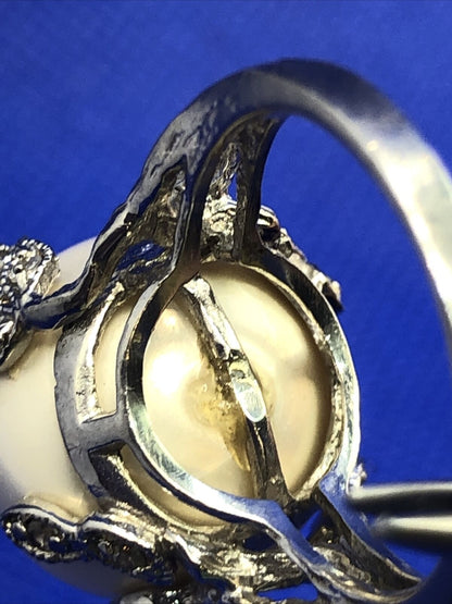 925 Sterling Silver Pearl Dome Cubic Zirconia Leaf accents Statement Ring