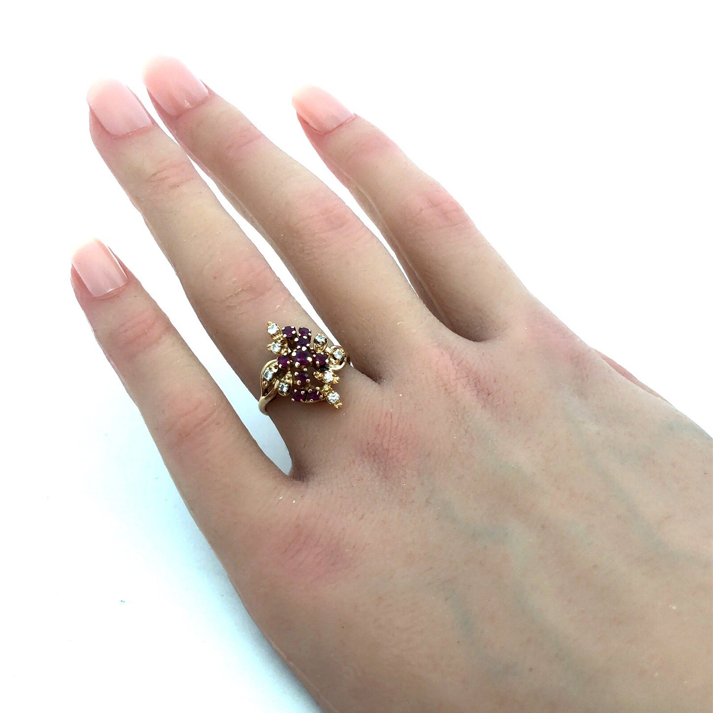 Vintage HJW 14K Yellow Gold Ruby Diamond Cluster Waterfall Cocktail Ring