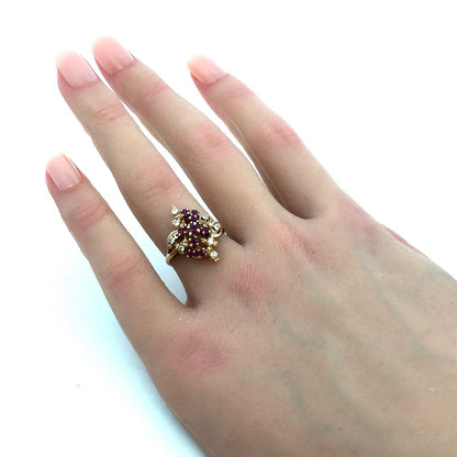 Vintage HJW 14K Yellow Gold Ruby Diamond Cluster Waterfall Cocktail Ring