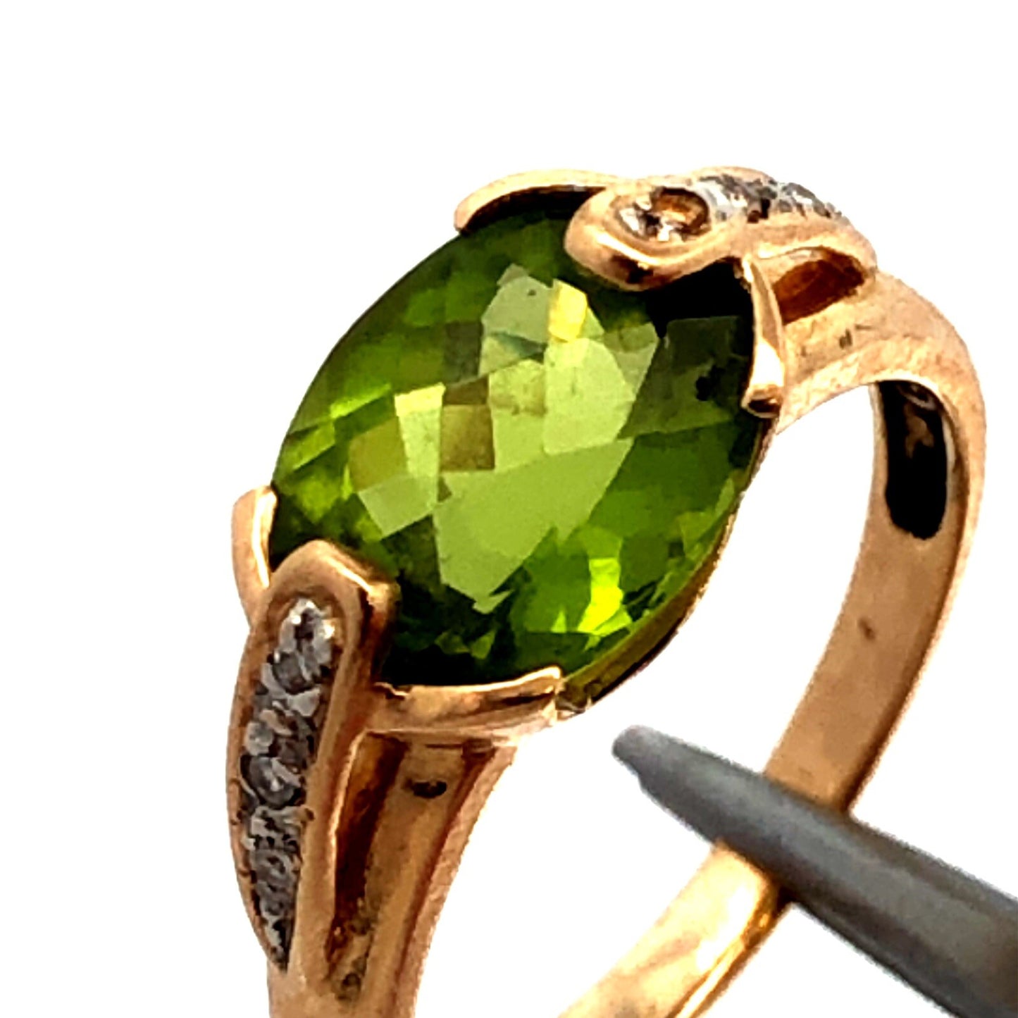 Designer MEDA 14K Yellow Gold Oval Green Peridot Diamond August Birthstone Ring