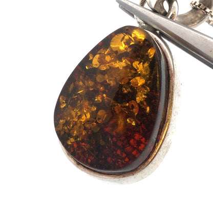 Vintage 925 Sterling Silver Oval Amber Pendant Chain Necklace