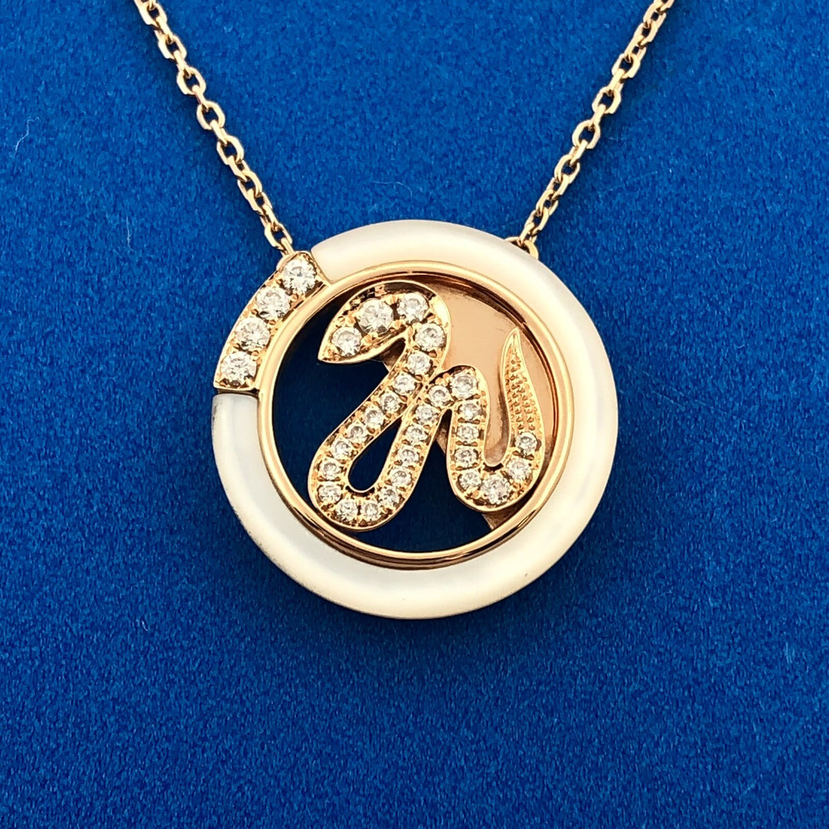 Designer CMG 18K Rose Gold Diamond Mother Of Pearl Snake Disc Pendant Necklace
