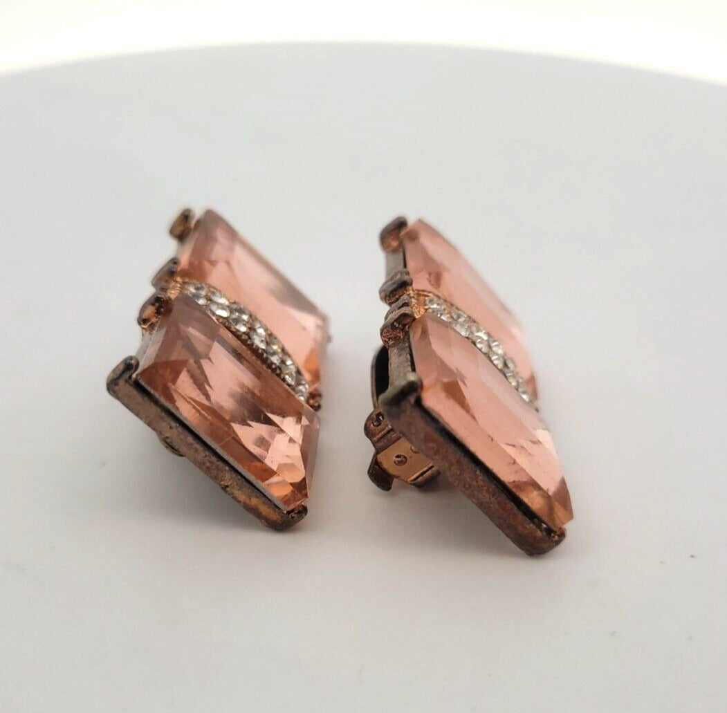 Vintage Copper Bronze Tone Pink & White Rhinestone Statement Clip On Earrings