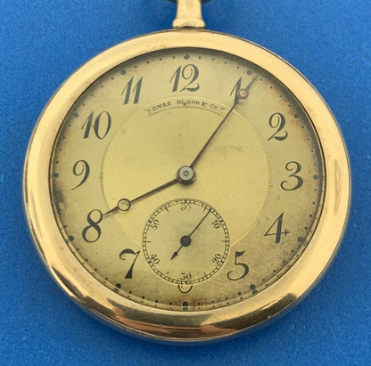 Antique Private Label Pocket Watch Chas Olson & Co With Fahy's Gold Filled Case