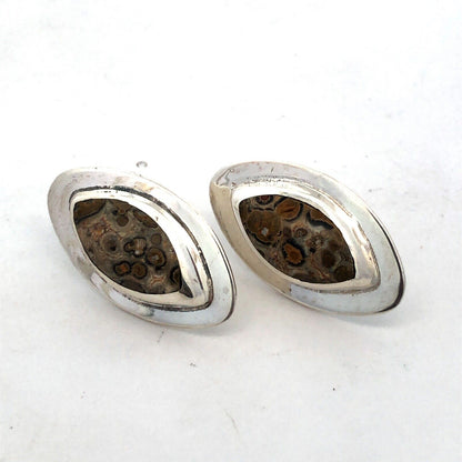 Vintage Mexico 925 Sterling Silver Oval Leopard Skin Jasper Stud Earrings