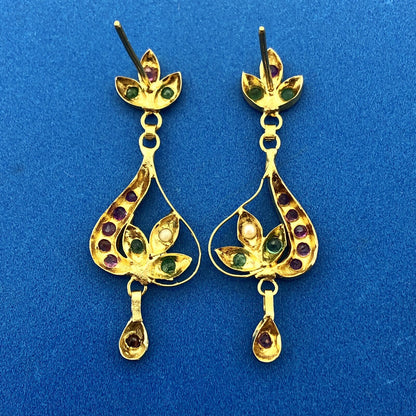Vintage 10K Yellow Gold Ruby Emerald Pearl Floral Tiered Drop Dangle Earrings
