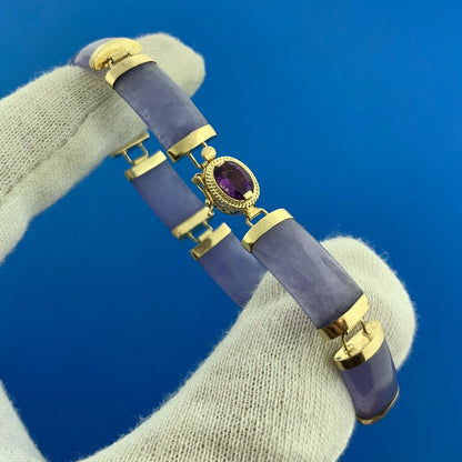 Designer 14K Yellow Gold Lavender Jade Bar Amethyst Statement Tennis Bracelet