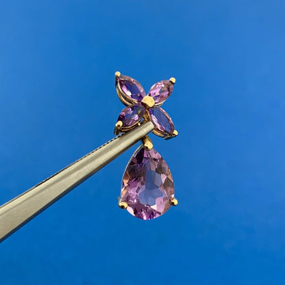 Designer Mexico 14K Yellow Gold Amethyst Dangle Drop Floral Flower Stud Earrings