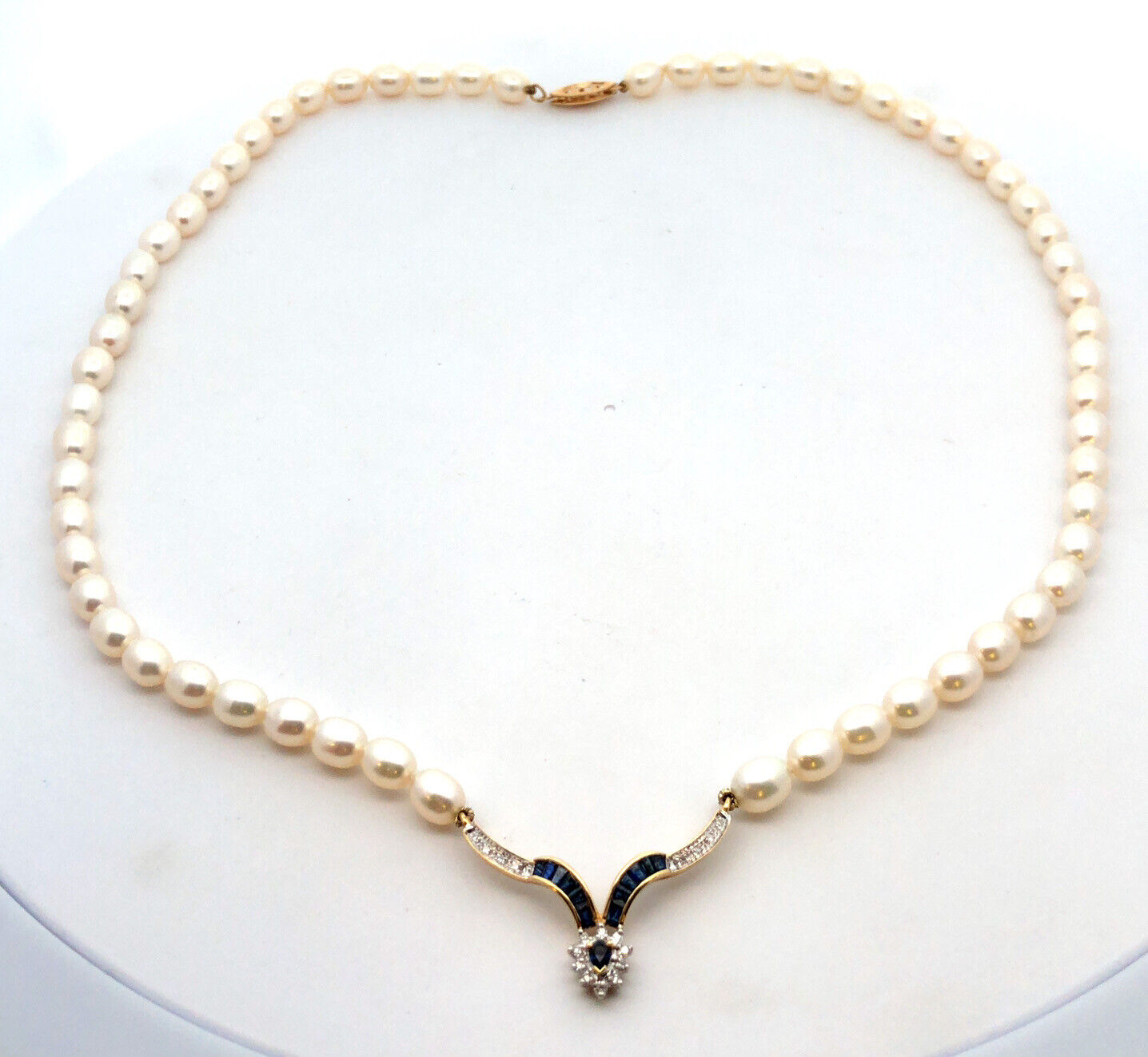 14K Yellow Gold Pearl Diamond Blue Sapphire Accented V Necklace