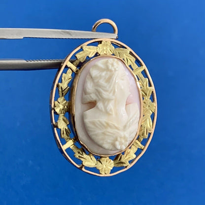 Victorian Carved Pink Cameo 10K Rose & Yellow Gold Border Leaves Brooch Pendant