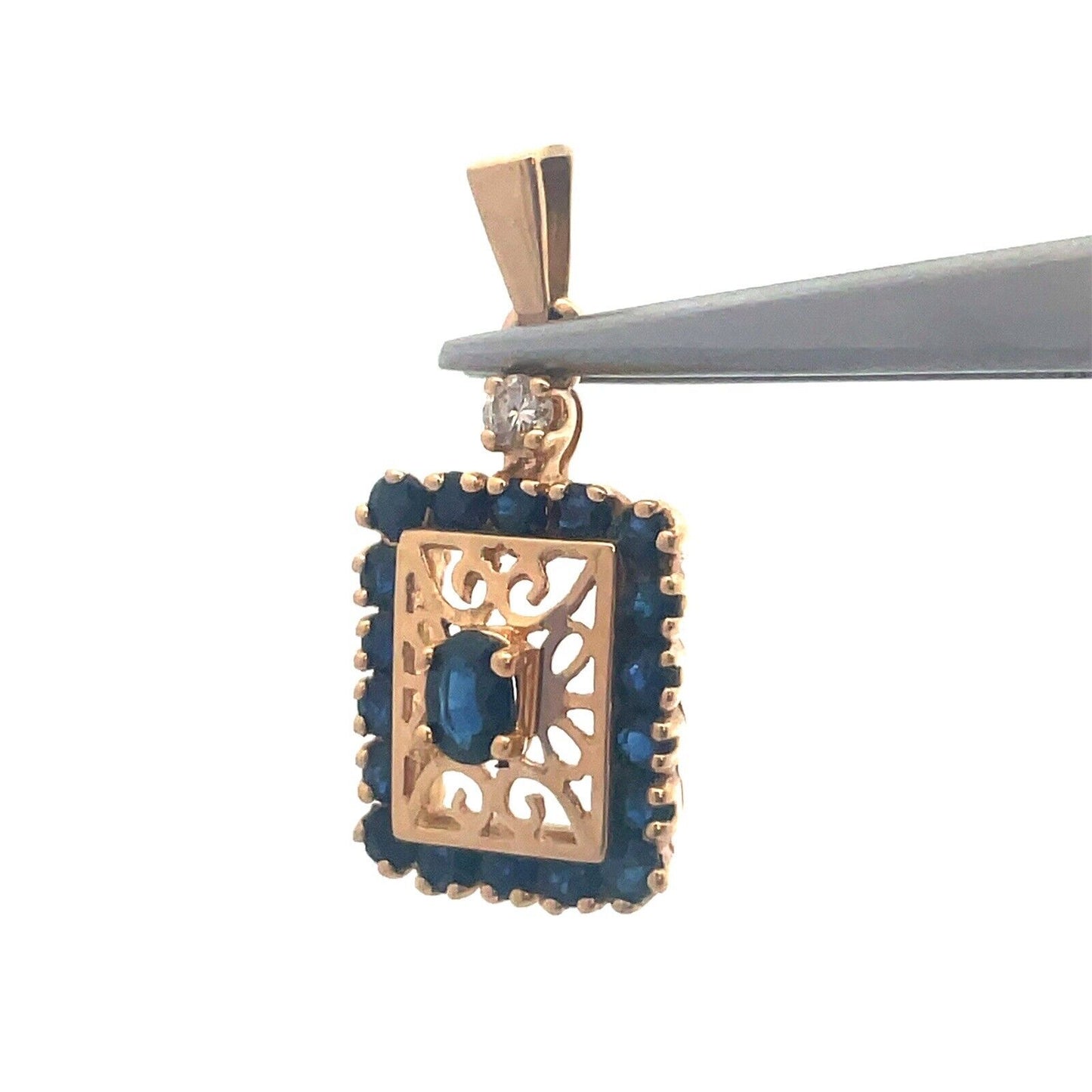 Designer 14K Yellow Gold Oval Blue Sapphire Diamond Accent Filigree Pendant