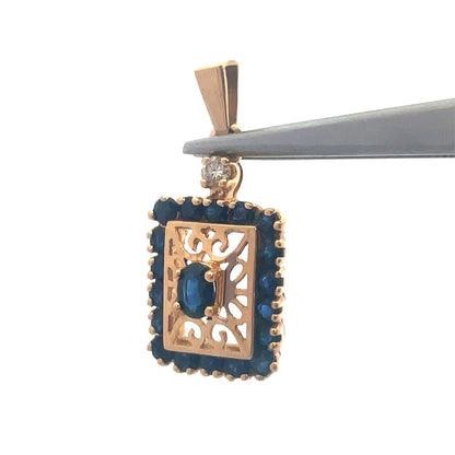 Designer 14K Yellow Gold Oval Blue Sapphire Diamond Accent Filigree Pendant