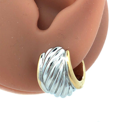 Designer Israel 14K Yellow White Gold Ribbed Two Tone Wide Huggie Hoop Earrings