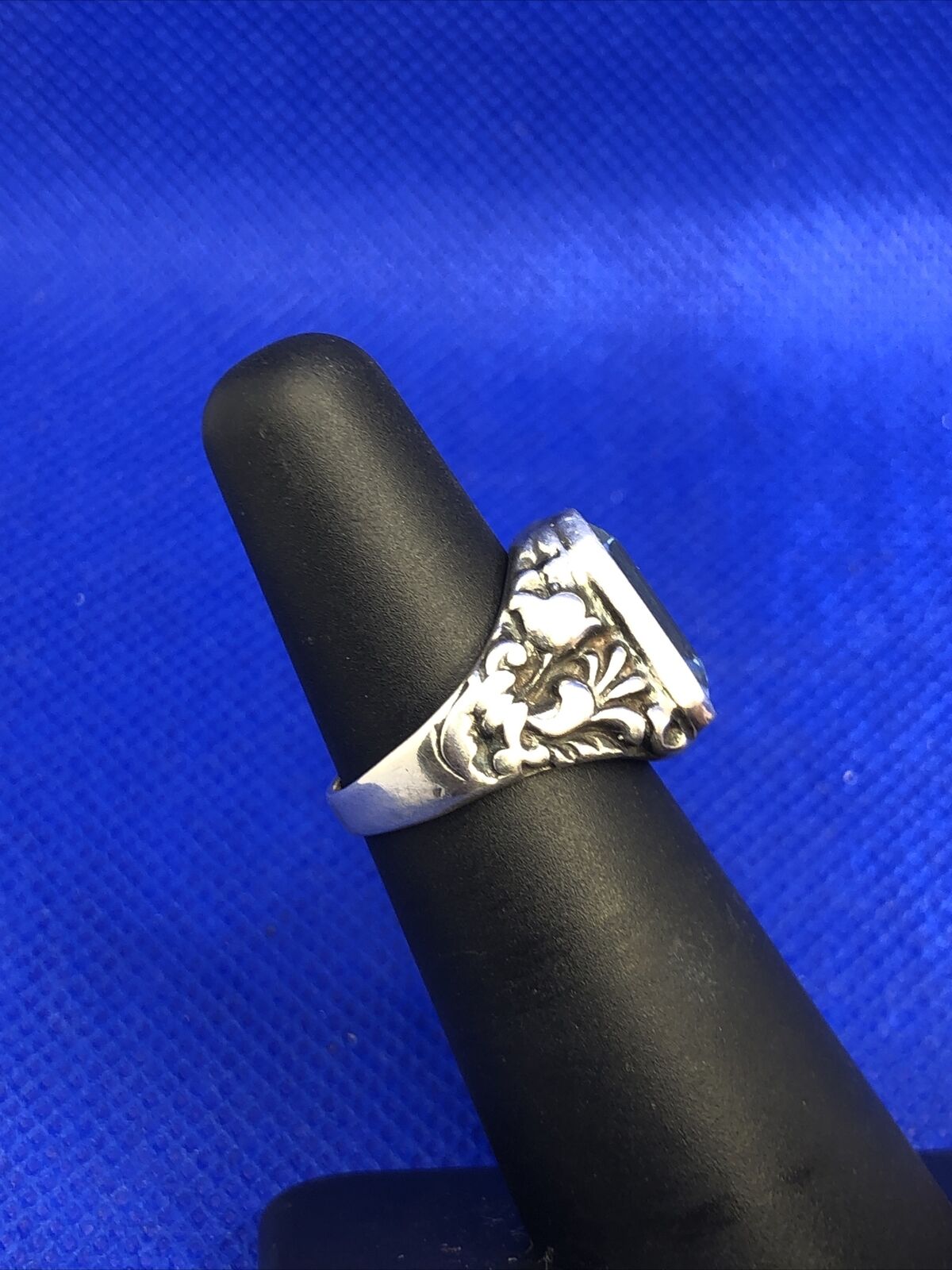 Estate Sterling Silver Emerald Cut Blue Topaz Scroll Floral Vine Cocktail Ring