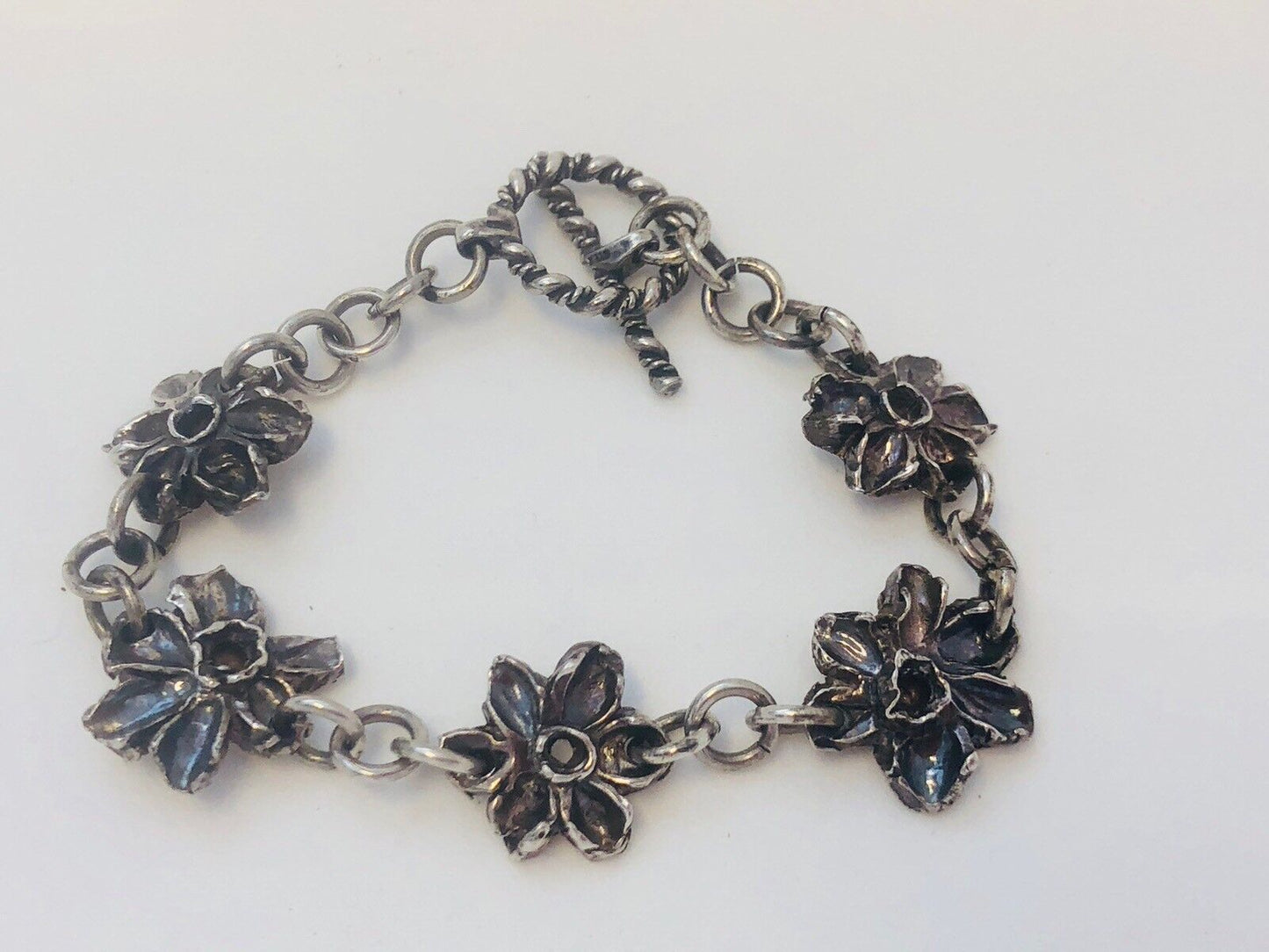 Native American Signed Sterling Silver 925 Flower Panel Toggle Bracelet