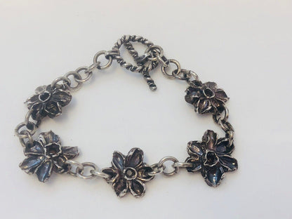 Native American Signed Sterling Silver 925 Flower Panel Toggle Bracelet