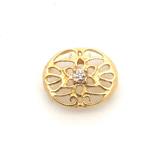Designer 10K Yellow Gold Diamond Floral Scroll Oval Slide Bracelet Charm
