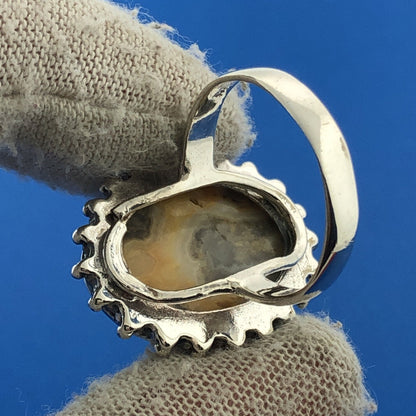 Stunning Sterling Silver 925 Grey Orange Cabochon Agate Statement Ring Size 8.5
