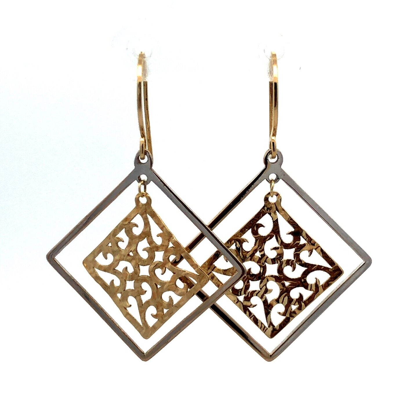 Designer 14K Yellow White Gold Open Scroll Square Dangle Hook Earrings