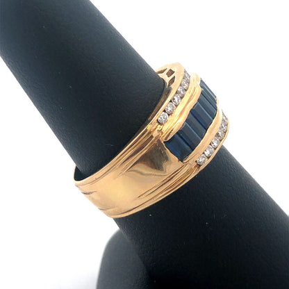 Vintage 14K Yellow Gold Sapphire Diamond Wedding Anniversary Wide Band Ring