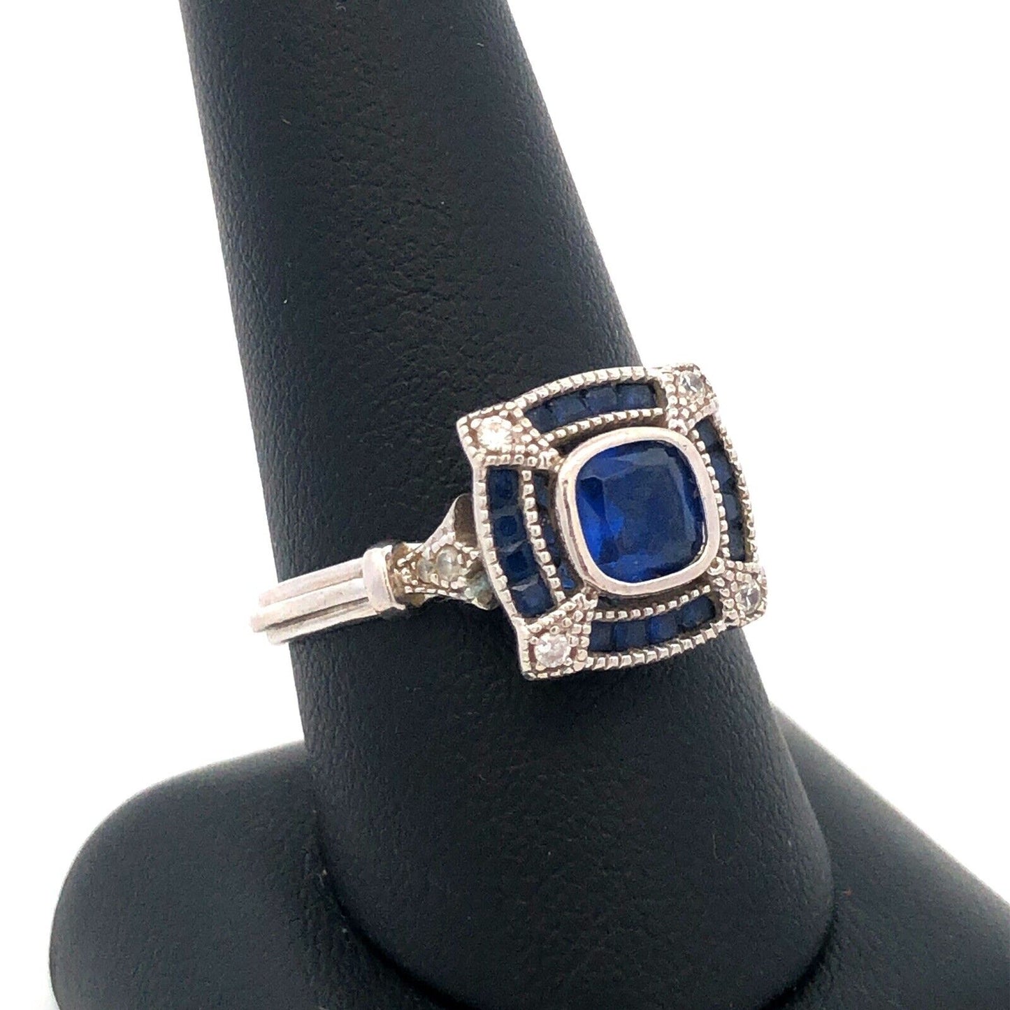 Designer Jeulia 925 Sterling Silver Blue Sapphire CZ Square Anniversary Ring