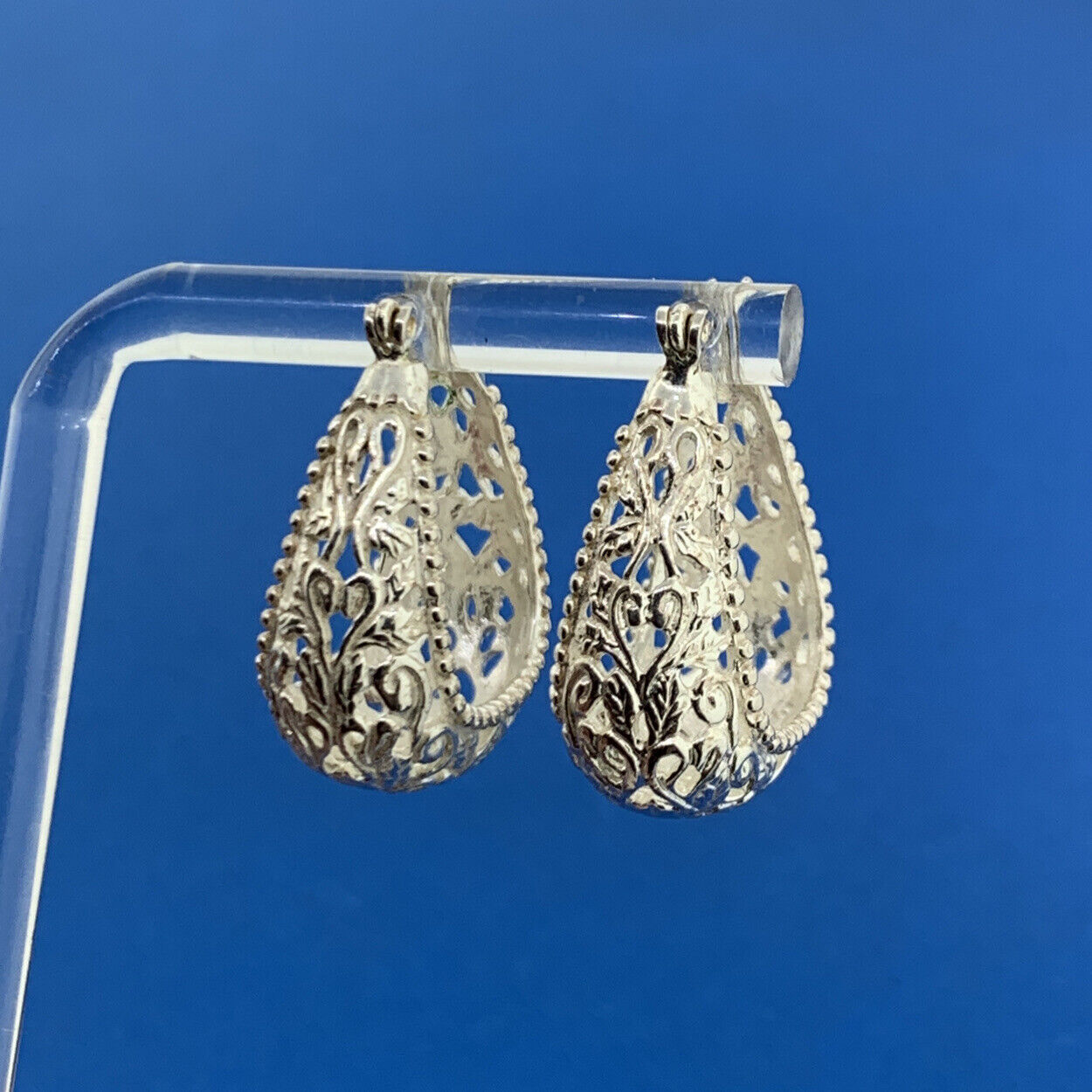 Silver Plated Floral Vine Scroll Open Work Statement Pear Hoop Earrings