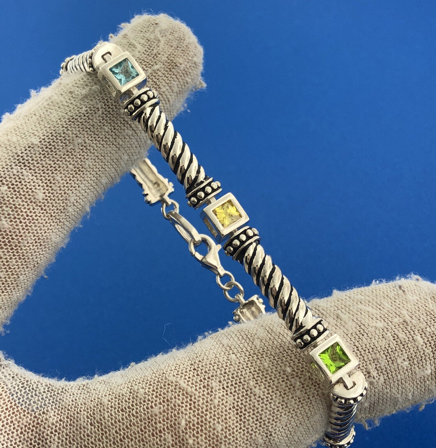 Estate 925 Sterling Silver Princess Cut Multicolor Cubic Zirconia CZ Bracelet