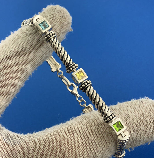 Estate 925 Sterling Silver Princess Cut Multicolor Cubic Zirconia CZ Bracelet