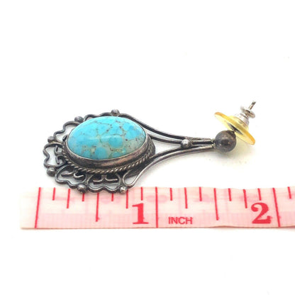 Vintage Taxco EMV 925 Sterling Silver Oval Larimar Cabochon Dangle Drop Earrings