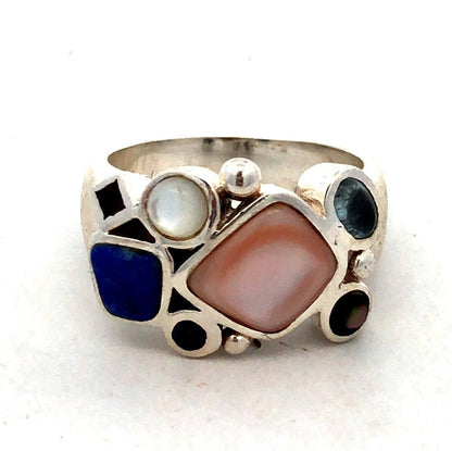 Designer LT 925 Sterling Silver Mother of Pearl Lapis Lazuli Cluster Band Ring