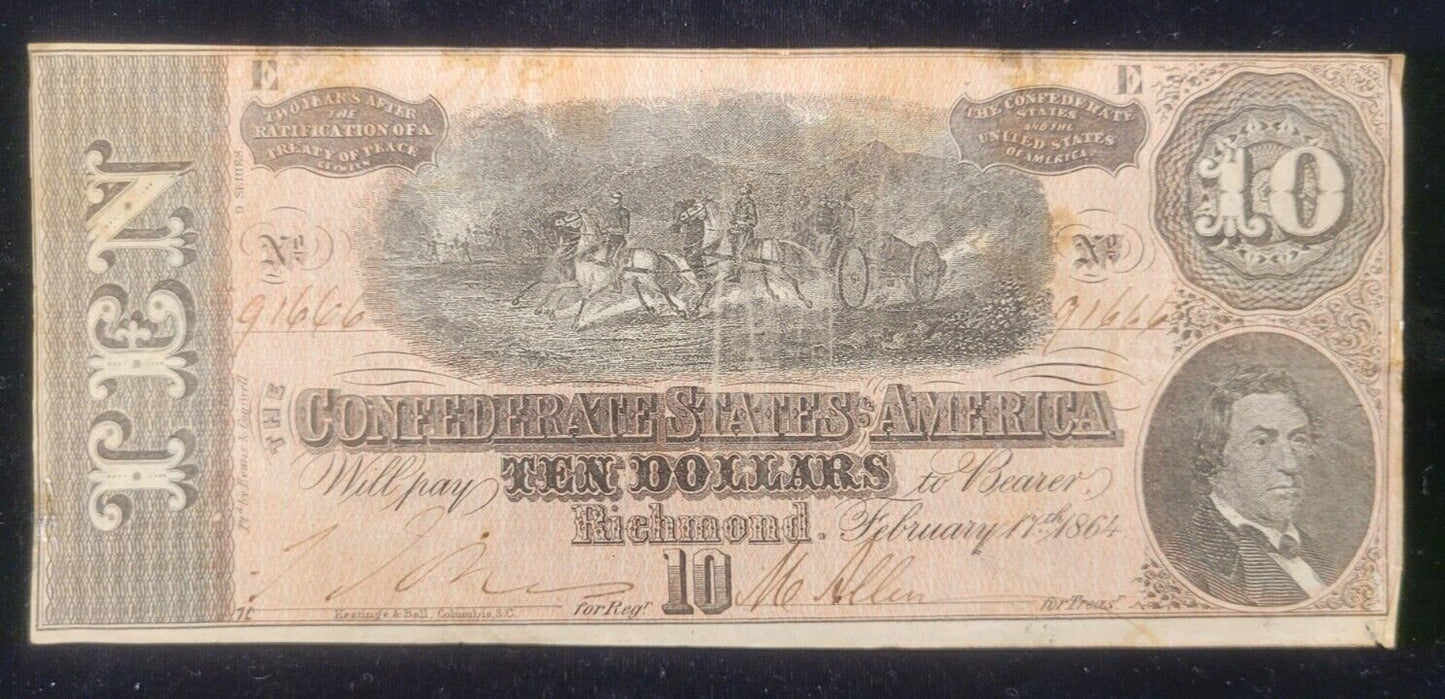 1864 $10 Richmond, VA Confederate States of America Obsolete Currency Bank Note