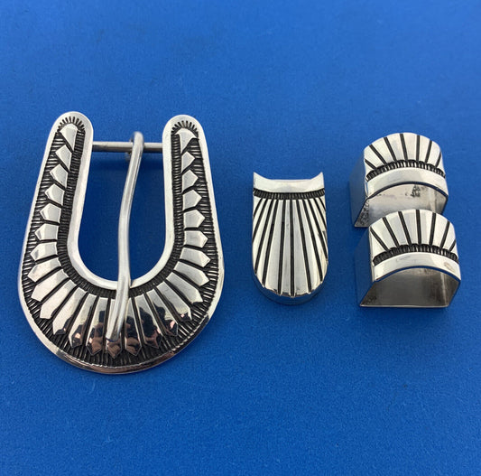Navajo Michael Tahe 925 Sterling Silver Concho Design 4 Piece Belt Buckle
