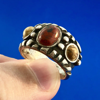 Vintage Native American Artisan 925 Sterling Silver Red Yellow Jasper Band Ring