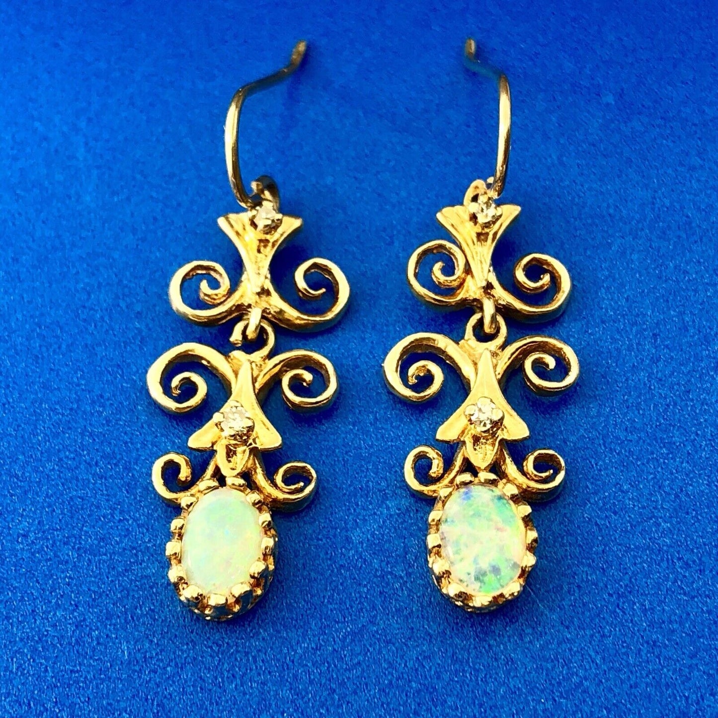 Art Deco Art Nouveau 14K Yellow Gold Opal Diamond Scroll Drop Dangle Earrings