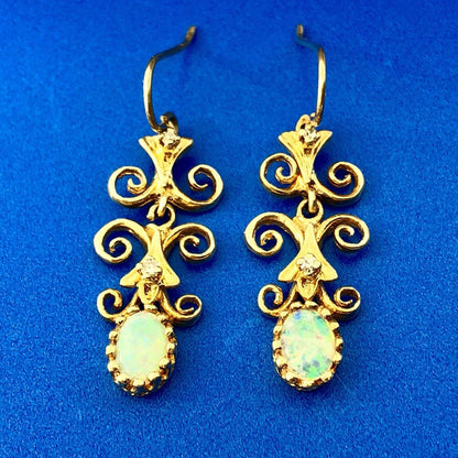 Art Deco Art Nouveau 14K Yellow Gold Opal Diamond Scroll Drop Dangle Earrings