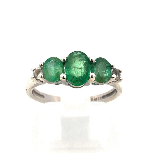 Designer TGGC 925 Sterling Silver Oval Emerald Trio White Amethyst Accent Ring