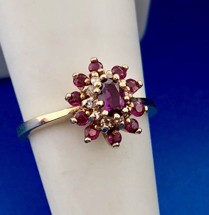 Designer 14K Yellow Gold Ruby Diamond 3 Tier Cluster Engagement Cocktail Ring
