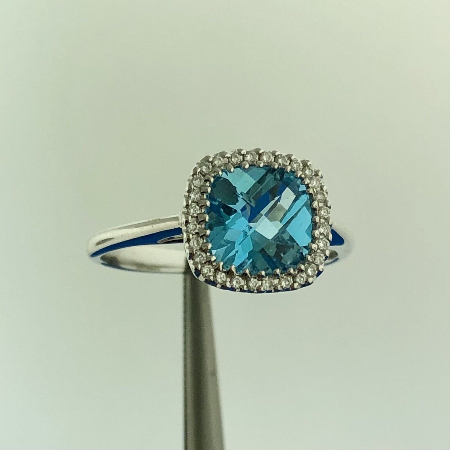 18K White Gold Square Blue Topaz Diamond Halo December Anniversary Ring