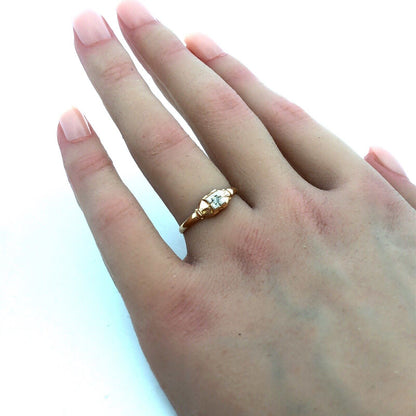 Vintage 10K Yellow Gold Round Diamond Solitaire Square Top Engagement Ring