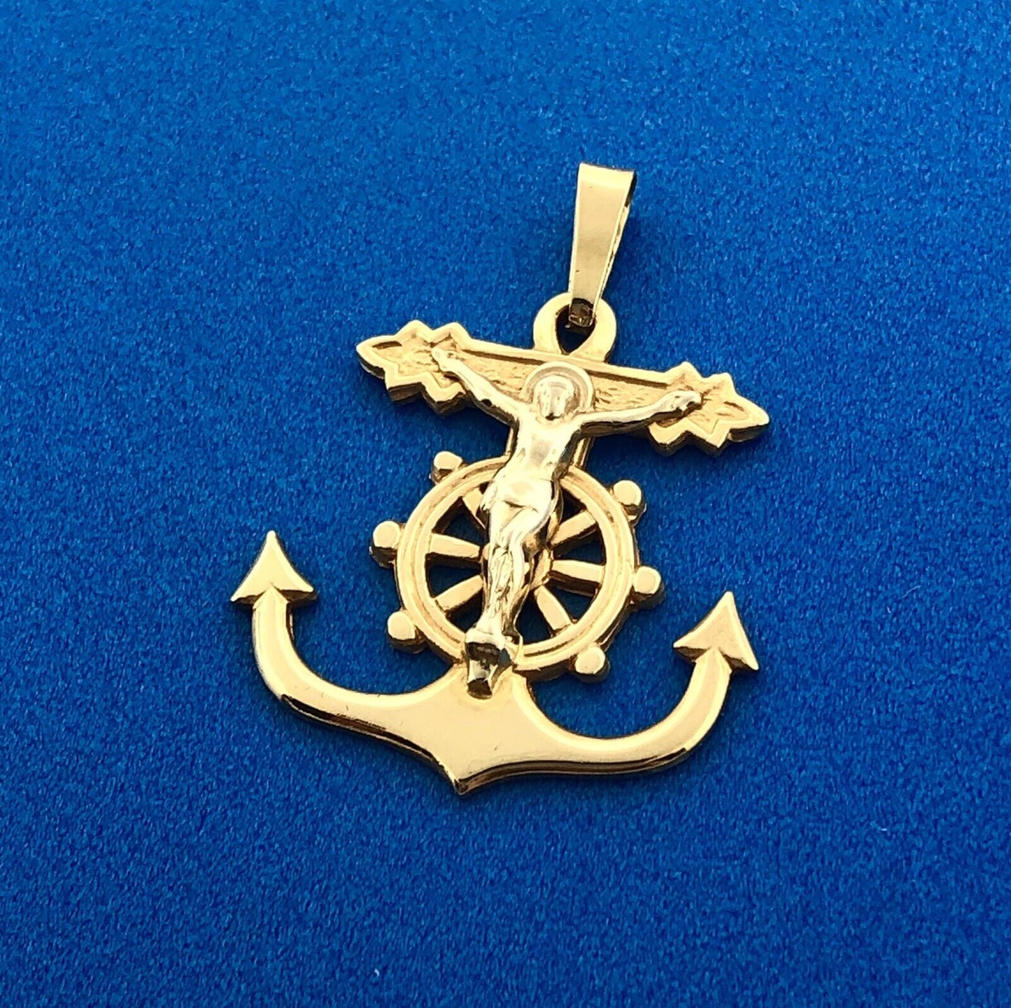 Designer 14K Yellow Gold Sailor's Crucifix Anchor Ships Wheel Charm Pendant