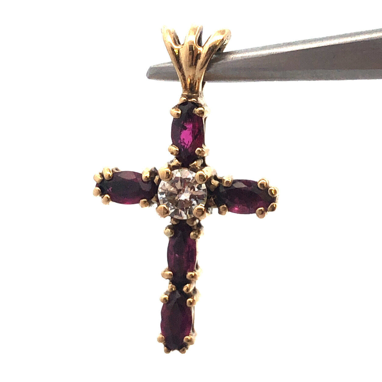 14K Yellow Gold Ruby Diamond Cross July Communion Easter Pendant