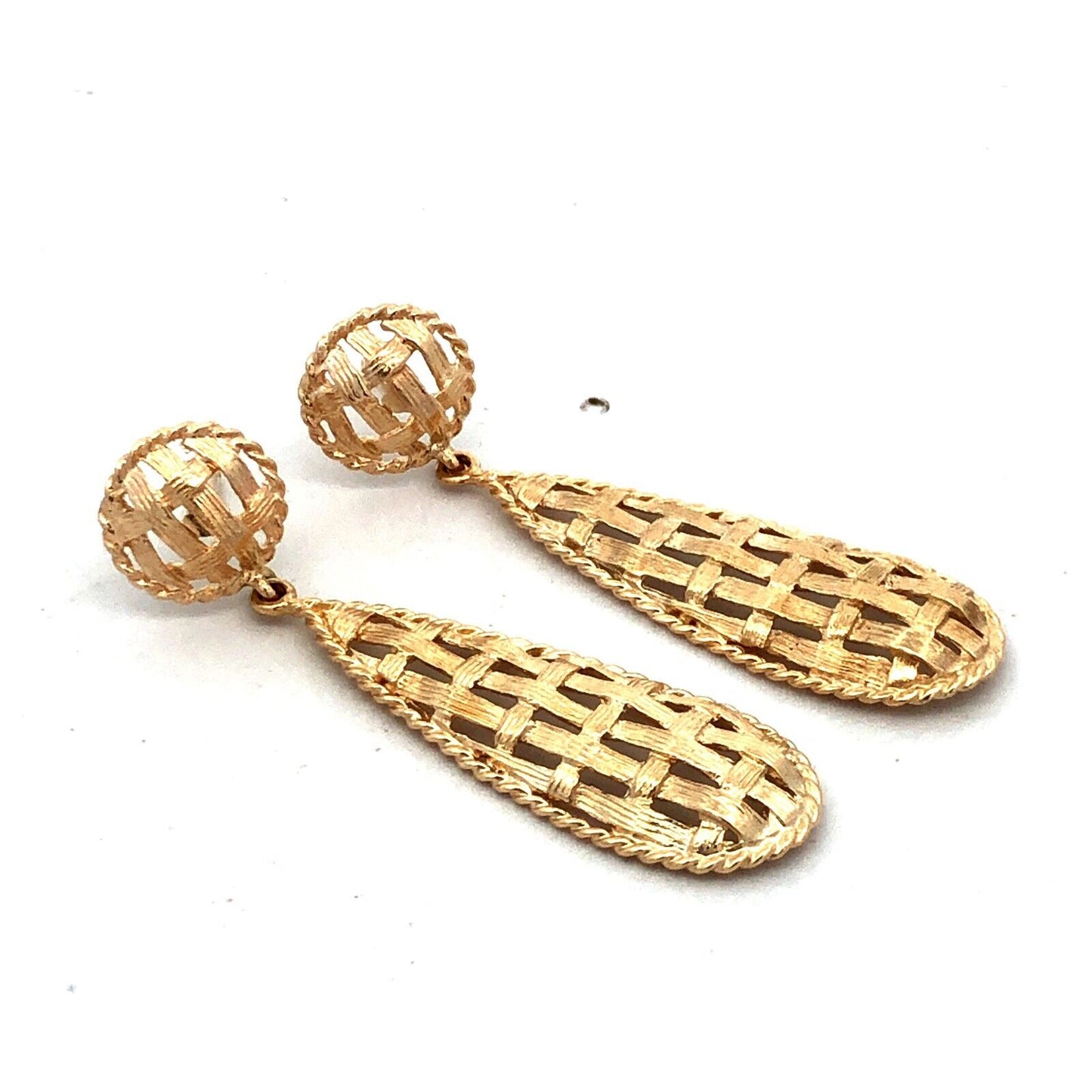 14K Yellow Gold Tear Drop Textured Basket Weave Dangle Stud Earrings
