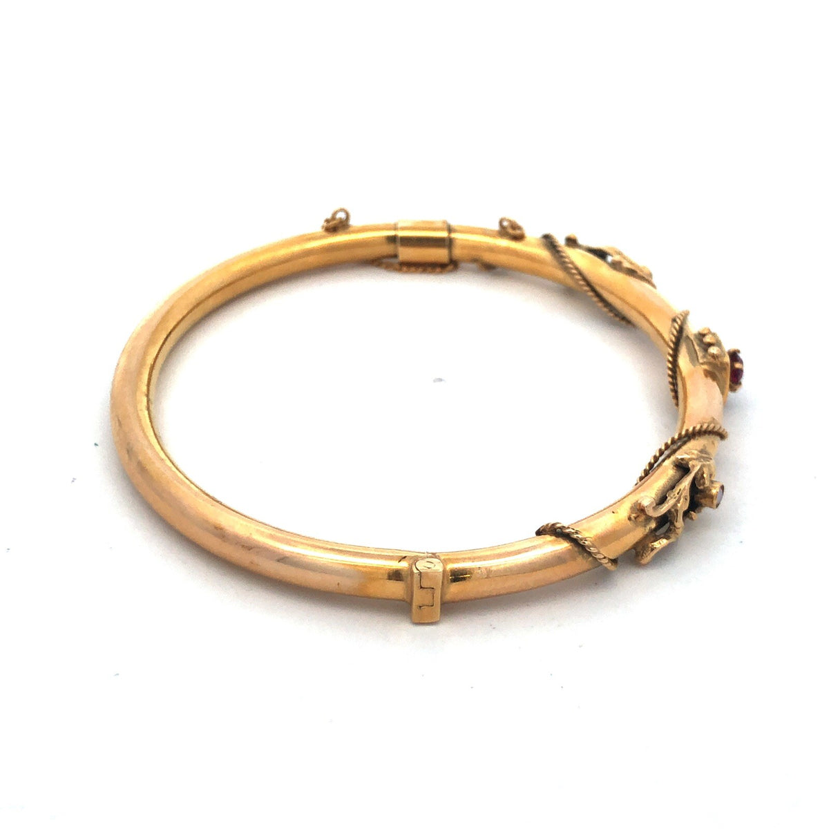 Art Nouveau Art Deco 14K Yellow Gold Garnet Seed Pearl Etruscan Bangle Bracelet