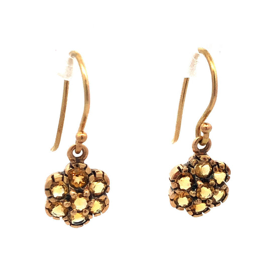 Vintage 14K Yellow Gold Round Citrine Flower Dangle Hook Earrings