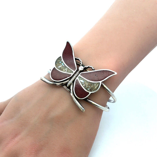 Native American Sterling Silver Coral Mother of Pearl Abalone Butterfly Bracelet