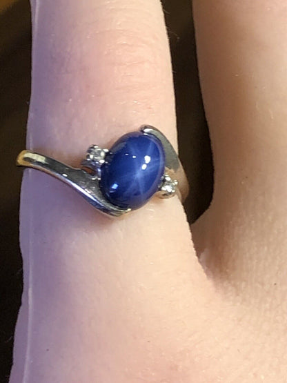 Designer 14K White Gold Oval Blue Star Sapphire Diamond Accent Bypass Ring
