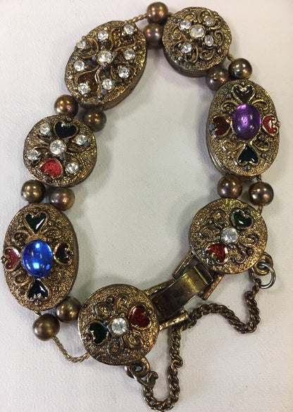 Vintage Fashion Gold Tone Multi Stone Hearts Statement Slide Charm Bracelet