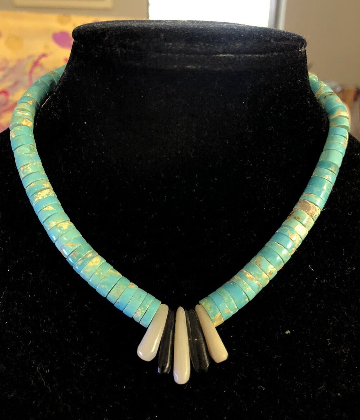 Vintage Silver Tone Turquoise Black Onyx Mother Of Pearl Choker Necklace