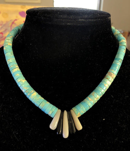 Vintage Silver Tone Turquoise Black Onyx Mother Of Pearl Choker Necklace