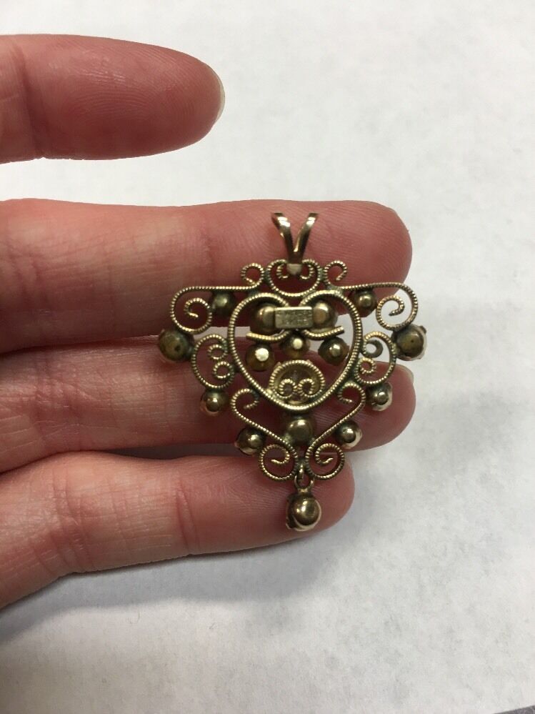 Vintage Designer Winard 12K Yellow Gold Filled Garnet Diamond Filigree Pendant